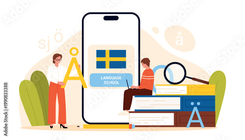 People learning Swedish language online with smartphone app, books and Scandinavian alphabet letters, modern education course for students and adults, flat style vector illustration