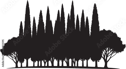 Tree silhouettes, forest landscape, black trees, vector icons, nature scenery