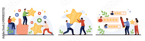 Photos People giving star feedback, rating services, leaving customer reviews with five