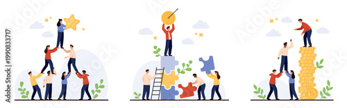 Business people collaborating in teamwork scenes, supporting colleagues to reach star, target, and financial success, concept of cooperation, leadership, achievement isolated vector illustration