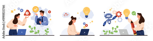 Customer receiving technical support, user thinking about solution, woman collaborating with friendly robot assistant, modern online helpdesk service isolated on white background vector illustration