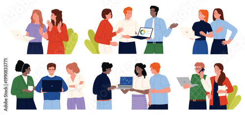 Diverse office workers standing in pairs, using laptops, tablets and charts while discussing teamwork, analytics and remote work, isolated on white background vector illustration