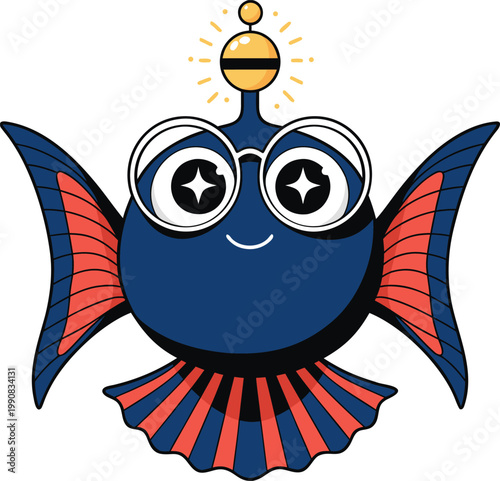 Smiling anglerfish with glowing lure on head vector illustration