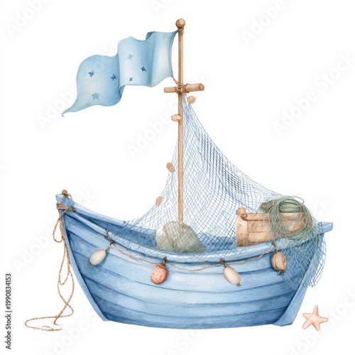 Watercolor illustration of a baby blue nautical sailboat with fishing gear and a flag