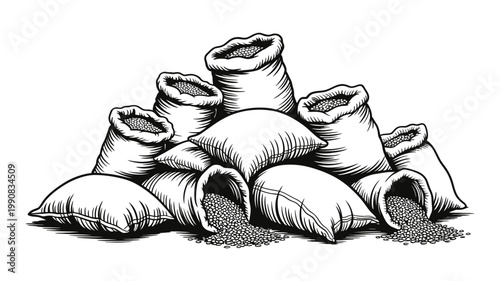 A large pile of textile sacks and soft pillows, some spilling grain, sits on a surface.