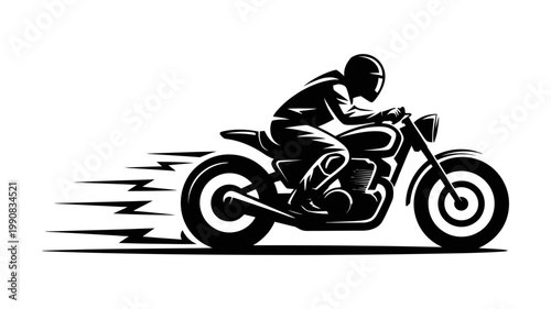 A rider on a classic motorcycle speeds forward, depicted with dynamic lines conveying rapid motion.
