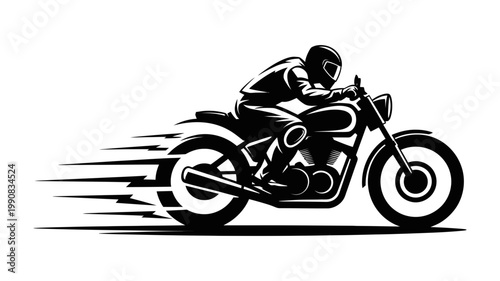 A dynamic black silhouette of a motorcyclist speeding on a track, creating motion blur.