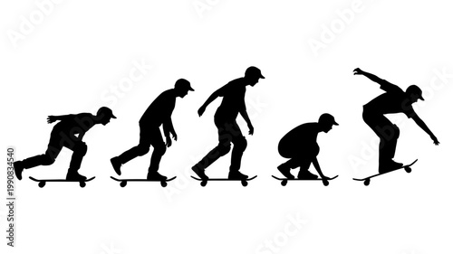 A dynamic sequence of black silhouettes illustrating the evolution of a skateboarder's movement and trick.