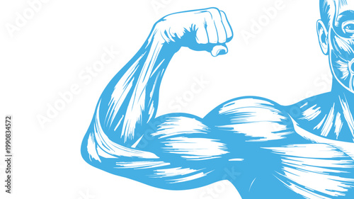A striking blue anatomical illustration of a strong human arm flexing its bicep muscle.