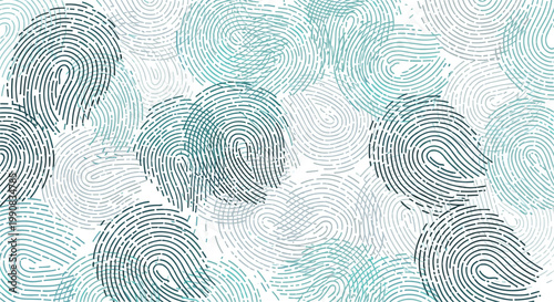 Abstract pattern of overlapping biometric fingerprint textures in shades of teal, blue, and gray on a white background.