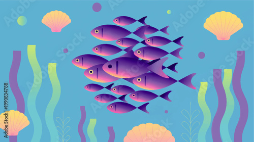 Colorful school of tropical fish swimming underwater with seaweed and shells in pastel ocean illustration background