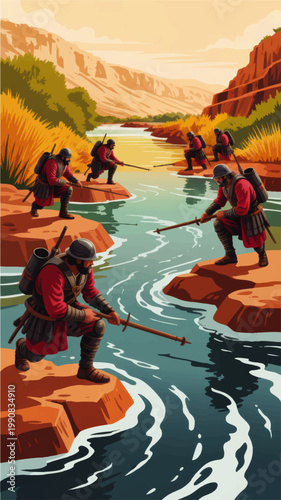 Ancient Roman Soldiers Crossing Desert River Canyon, Historical Military Expedition Illustration in Warm Earth Tones
