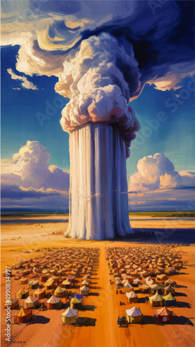 Surreal desert camp beneath towering smoke column and dramatic storm clouds, cinematic digital painting with apocalyptic fantasy mood