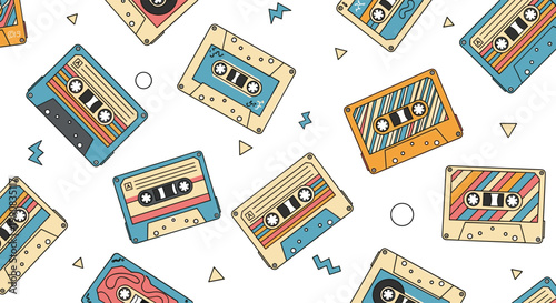 Retro pattern of vintage audio cassette tapes with colorful stripes and designs floating among geometric shapes on a clean white background.