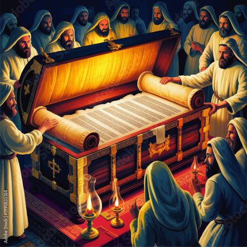 Priests Opening Sacred Ark and Unrolling Torah Scroll in Ancient Temple, Glowing Biblical Ceremony Digital Illustration