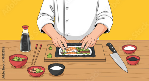 Professional Japanese chef in a white uniform carefully preparing fresh sushi rolls on a wooden counter with various bowls of ingredients.