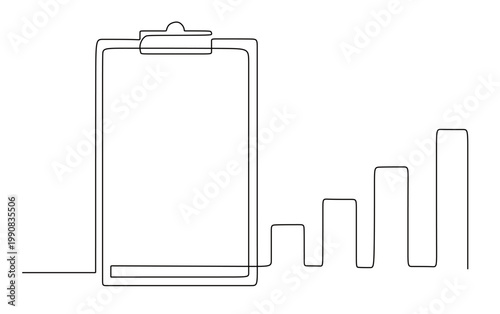 continuous line drawing of a bar graph and clipboard. planning, and goal achievement. analysis, performance monitoring, and business or financial growth. end targets, success, and hard work