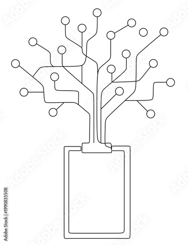 line art featuring a clipboard at the bottom that serves as the root or foundation for a circuit tree growing above it. vector illustration