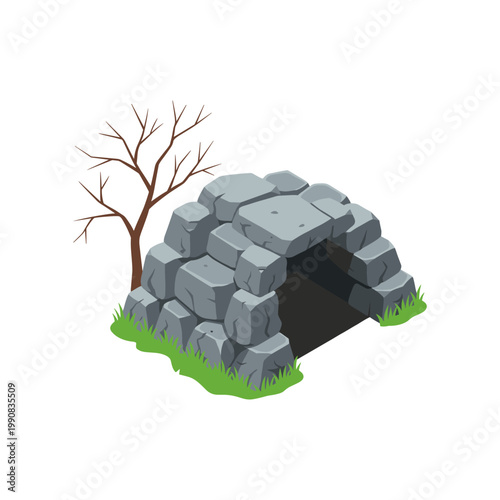 Isometric stone cave entrance with bare tree and green grass on white background, keywords: cave