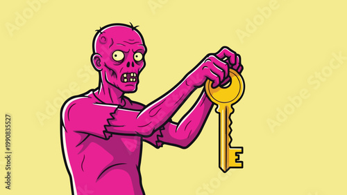 Cartoon Zombie Holding a Golden Key Illustration.