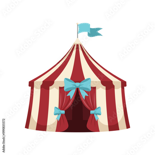 Red and white striped circus tent with blue bows and flag on white background