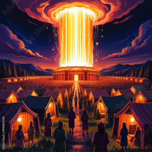 Biblical tabernacle camp with divine fire pillar at night, desert sanctuary worship scene, dramatic spiritual illustration