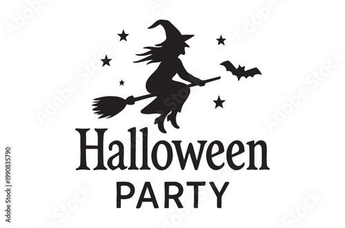 Silhouette of a witch flying on a broom with halloween text