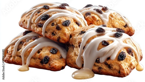 Pile of baked scones with raisins and drizzled icing