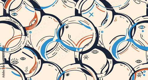 Abstract seamless pattern background featuring stylized overlapping human heads and circular shapes with eyes in a minimalist art style.