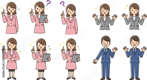 Business people characters set with different gestures explaining thinking presenting and greeting office workers cartoon vector illustration