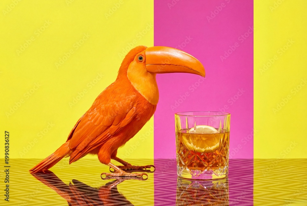 Naklejka premium Orange toucan bird standing next to whiskey glass with lemon on colorful yellow and pink background. Pop art style concept.