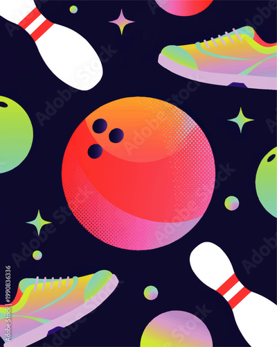 Neon cosmic bowling illustration with colorful shoes, pins and ball in retro futuristic space, vibrant abstract sports poster