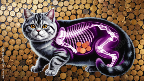 Gray Tabby Cat with X Ray Skeleton and Coins, Surreal Veterinary Anatomy Illustration on Golden Money Background