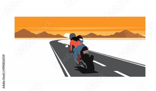 Female biker riding motorcycle toward sunset on desert road with mountains vector illustration