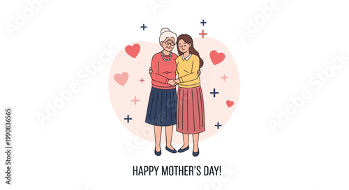 Heartwarming illustration of a grandmother and granddaughter embracing each other with hearts in the background for Mother's Day.
