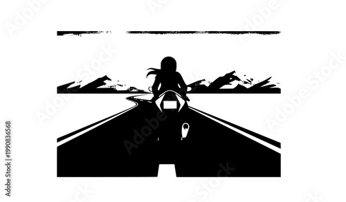 Geometric woman biker on sport motorcycle desert sunset landscape modern vector illustration