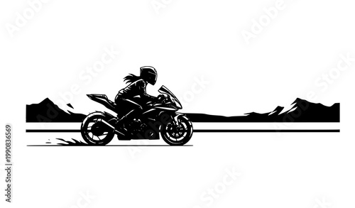 Woman riding sport motorcycle at sunset desert landscape silhouette vector illustration isolated on white