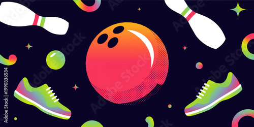 Neon bowling illustration with colorful ball, pins and sneakers on dark background, vibrant retro sports vector design