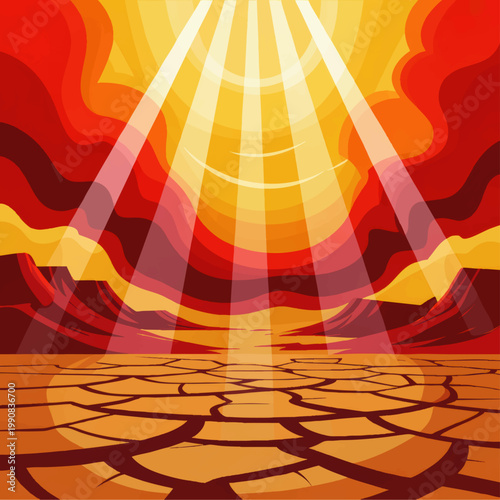 Dramatic desert drought landscape with cracked earth, blazing sun rays, red clouds and heatwave sky in bold abstract vector style