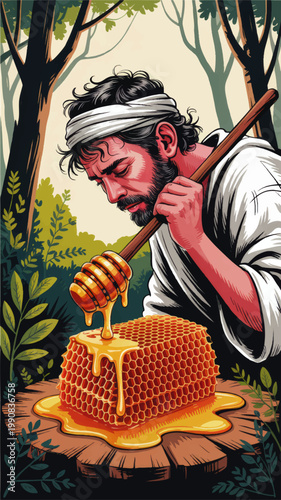Rustic beekeeper harvesting golden honey from fresh honeycomb in forest, vintage illustration of natural organic food and apiary craft