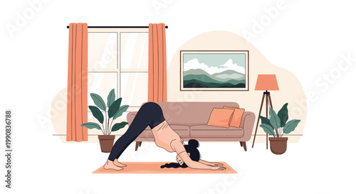 Peaceful woman practicing the downward facing dog yoga pose on a mat in her cozy well-lit living room with plants.