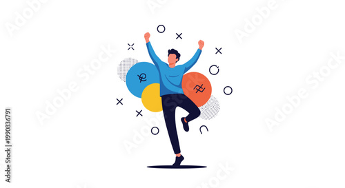 Enthusiastic man jumping with arms raised in victory against a background of colorful abstract circles and symbols.