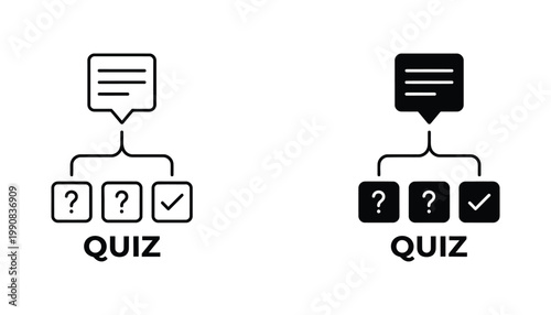 Quiz concept icon set featuring question marks and check mark in speech bubble for education and assessment design