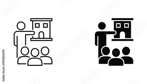 Teacher presenting to students icon set showing educational lecture or classroom instruction in professional vector style