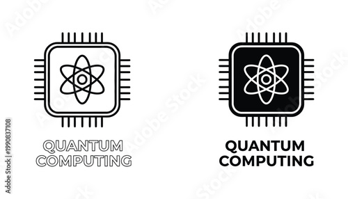 Quantum computing chip icon with atom symbol in outline and solid black style for future technology and data science