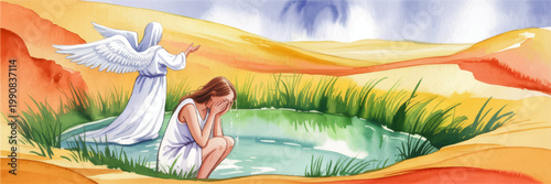 Guardian angel comforting crying woman by oasis in desert landscape, spiritual hope, faith, healing, watercolor illustration