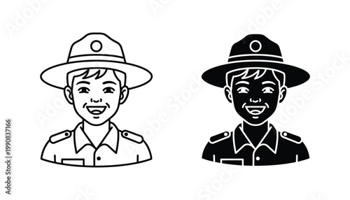 Smiling park ranger portrait icon for outdoor tourism and national park service branding in professional vector line art and solid black silhouette style with iconic wide brim hat and uniform