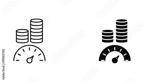 Financial growth gauge and coin stack icons for investment tracking and economic performance analysis in professional vector line art and solid black silhouette style for corporate data dashboards