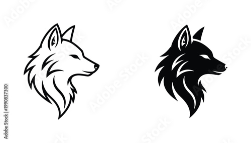Stylized fox head portrait icon for wildlife branding and nature conservation projects in professional vector line art and solid black silhouette style with minimalist sharp artistic design elements