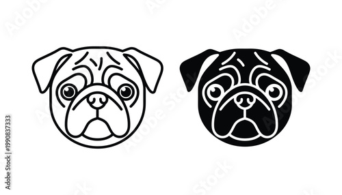 Cute pug dog head icon set with flat linear and solid black vector design for pet shop branding or veterinary service mobile applications
